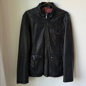 Ted Baker Mens Leather Jacket in Black Pockets Zip Front Casual Dressy Size L